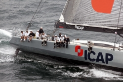 ICAP Leopard (shown at start) sailed the majority of the Transatlantic Race 2011 with a broken bow sprit.  It has now finished. (photo credit TR2011/Billy Black)